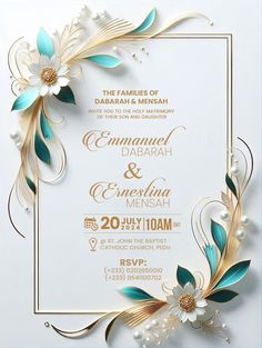 an elegant wedding card with flowers and leaves on the front, in blue and gold