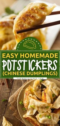 easy homemade potstickers with chinese dumplings on a plate and chopsticks