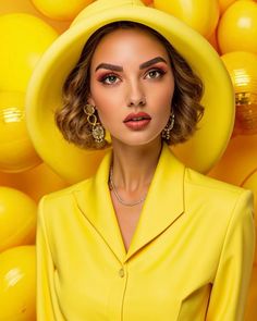 a woman in a yellow suit and hat standing next to some orange balls with her hands on her hips