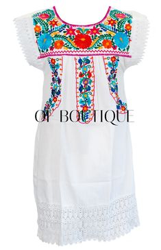 "Women's Knee-Length Puntilla Mexican Dress - White - Beautiful embroidery - Fiesta attire - Poly/Cotton Blend Measurements: Small: Bust: 34-36\" -- Length: 35\" Medium: Bust: 36-38\" -- Length: 37\" Large: Bust: 40-42\" -- Length: 38\" X-Large: Bust: 44-46\" -- Length: 39\" XXL: Bust: 47-48\" -- Length: 39\" 3XL: Bust: 50-52\" -- Length: 39\" 4XL: Bust: 54-56\" -- Length: 39\" NOTE: Due to the handmade nature of these dresses, the embroidery may vary from dress to dress since each is individual Traditional White Dress With Geometric Embroidery, White Short Sleeve Dress With Geometric Embroidery, White Geometric Embroidered Short Sleeve Dress, White Short Sleeve Embroidered Dress With Geometric Pattern, Fitted White Embroidered Dress With Embroidered Hem, White Fitted Short Sleeve Embroidered Dress, White Embroidered Dress With Short Sleeves, White Beach Dress With Geometric Embroidery, White Cotton Dress With Geometric Embroidery