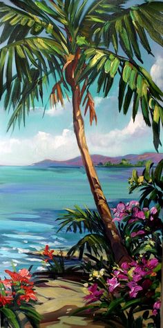 a painting of a palm tree on the beach