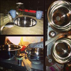 four different pictures of pots and pans sitting on a counter top, with one being used as a sink