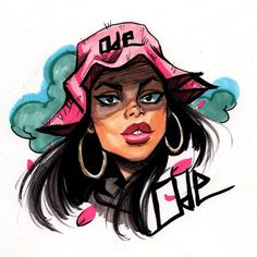 a drawing of a woman wearing a pink hat with big hoop earrings on her head