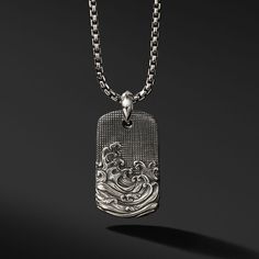 Inspired by Japanese wood-block prints and 18th-century samurai swords, David Yurman translates the beauty of ocean waves into wearable art. Sterling silverTag, 39 x 20.2mmPlease note: tag only; chain sold separately. Athlete Quotes, David Yurman Mens, Fiber Jewelry, Necklace Men, Mens Silver Necklace, Wave Art, Dope Jewelry, Samurai Swords, Art Deco Necklace