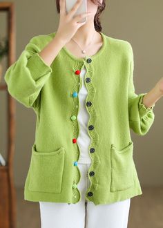 Plus Size Green Button Pockets Knit Coat Long SleeveFabric: Knit BlendedSize & Fit: Fit: This garment fits true to size.Length: Size 5XL measures 27.3"from shoulder to hemBust: Great for any cup size. Waist: Loose Fit. Comfortable room throughout midsection.Hip: Loose Fit - room for hips. Hand Wash Cold. Knit Coat, Coffee Sizes, Comfortable Room, Knitted Coat, Green Button, Cup Size, Long Coat, Knitwear, Loose Fitting