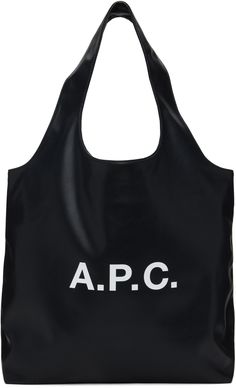 Grained faux-leather tote in black. · Fixed twin carry handles · Logo printed at face · Twill lining · H15.5 x W18 x D6 Supplier color: Black Apc Tote Bag, Face Patches, Cute Bags, Black Logo, Black Tote Bag, Womens Tote, Womens Tote Bags, A P, Leather Tote