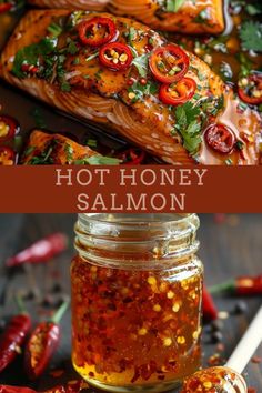 hot honey salmon fillets in a jar with peppers on the side and an image of red bell peppers next to it