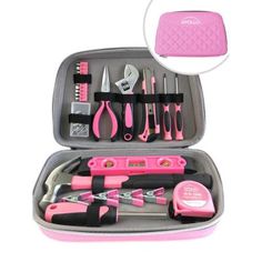 a pink tool case filled with tools and accessories