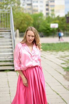 "Beautiful pink Villanelle shirt, made out of luxury satin. It has fabric covered buttons, that color match it perfectly. Its oversized loose fit makes it very comfortable, but it still looks astonishingly amazing. Perfect for your special day or as a statement piece in your everyday wear wardrobe.  Care: hand wash and hang dry Available Size: XS, S, M, L, XL, 2XL, 3XL, 4XL, 5XL, 6XL, 7XL, 8XL SIZE CHART : (measurements of the body NOT of the garment) XS / 4 UK / 0 US Bust: around 33.5\" / 85 cm Puffy Pink Dress, Pink Satin Shirt, Satin Shirt, Fabric Covered Button, Sweet Dress, Pink Shirt, Pink Blouse, Pink Satin, Button Shirt