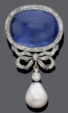 Georgian Lab Created Blue Sapphire Brooch Pin Dangle Pearl Drop 925 SS Jewelry Brooch Fine Jewelry, Camilla Duchess Of Cornwall Jewelry, Bijoux Art Nouveau, Sapphire Cabochon, Edwardian Jewelry, Platinum Rose Gold, Diamond Brooch, Natural Pearl, Deco Jewelry