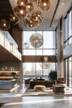 a large living room filled with furniture and lots of lights hanging from the ceiling above