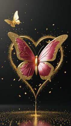 a heart shaped frame with two butterflies flying over it and gold glitters on the ground