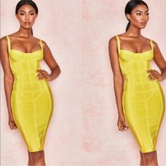 two photos of a woman in yellow dresses, one with her hands on her hips