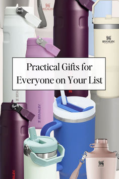 the words practical gifts for everyone on your list are in front of many different colored water bottles