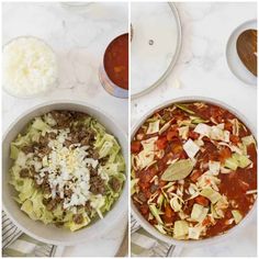 two pictures showing the process of making cabbage and beef soup in one bowl, then adding cheese to the other