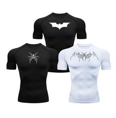 **IF YOU WOULD LIKE DIFFERENT SIZES FOR EACH SHIRT, PLEASE LEAVE A MESSAGE WITH YOUR ORDER OR SEND US A DIRECT PM! THANK YOU :) ** Includes: 1x Black Spider-Bat Shirt 1x White Spider-Bat Shirt 1x Bat Shirt The Spider-Bat Compression Gym Shirt Bundle is designed for athletes and fitness enthusiasts who are looking for a high-quality and performance-driven compression shirt. Made with advanced compression fabric, this shirt offers a snug and supportive fit that helps improve blood circulation and White Compression Shirt, Male Compression Shirt, Compression T-shirt For Sports Season, Batman Compression Shirt, Compression Fit Gym T-shirt, Baggy Hoodie, Black Korean, Bat Shirt, White Spider