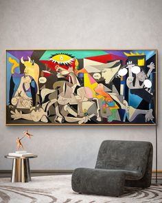 an abstract painting hangs on the wall above a chair and side table in a modern living room