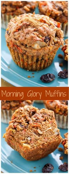 two pictures of muffins on a blue plate with the words morning glory muffins