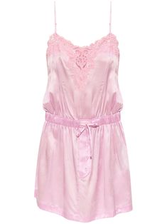 pink silk monogram jacquard lace trim adjustable spaghetti straps V-neck square open back elasticated drawstring waistband straight hem thigh-length Sublimation Ideas, Spaghetti Strap Mini Dress, Sleep Wear, City Dress, Pink Mini Dresses, Pink Silk, Drawstring Waistband, Denim Dress, Pretty Outfits