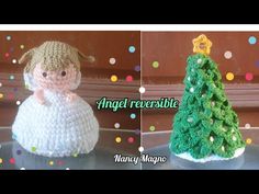 two crocheted christmas trees sitting next to each other