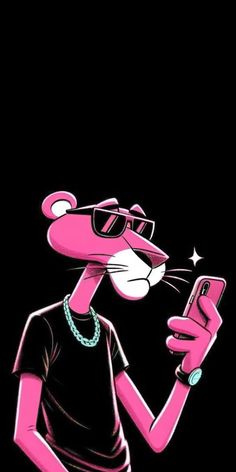 a pink cat with glasses holding a cell phone