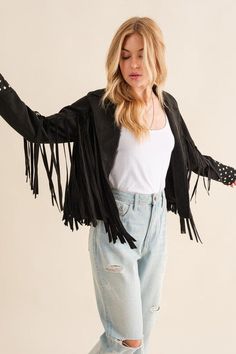 Suede Yoke Cuff Studded Fringe Open Western JacketMade In: CHINAFabric Contents: 93%POLYESTER 7%SPANDEXSize Measurement (inch): S: 19.0 (Bust), - (Waist), - (Hips), 21.0 (Length) M: 19.5 (Bust), - (Waist), - (Hips), 21.5 (Length) L: 20.0 (Bust), - (Waist), - (Hips), 22.0 (Length) Studded Jacket, Western Jacket, The Fringe, Fringe Jacket, Jackson Hole, Open Design, Romper Dress, Suede Jacket, Sheer Fabrics