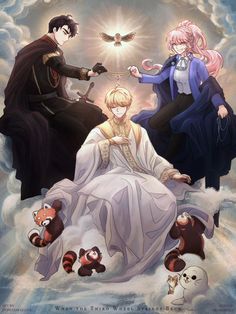 an image of some anime characters sitting in the clouds with their stuffed animals around them