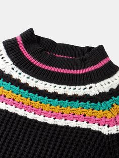 Striped Knitting O-neck Long Sleeve Casual Sweater Multicolor Open Knit Winter Sweater, Multicolor Open Knit Sweater For Winter, Winter Multicolor Open Knit Sweater, Multicolor Pointelle Knit Sweater For Fall, Winter Multicolor Pointelle Knit Top, Fall Multicolor Pointelle Knit Sweater, Multicolor Stretch Knit Sweater, Multicolor Knitted Sweater For Layering, Pointelle Knit Turtleneck Sweater