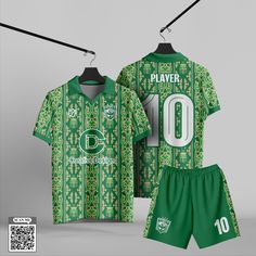 a green soccer jersey and shorts with the number 10 on it, sitting next to a hanger