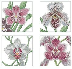 four cross stitch pictures of different flowers