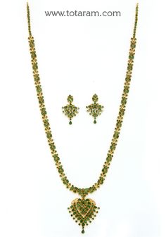 22 karat gold emerald long necklace & drop earrings set - 235-GS3809 - in 69.300 Grams for USD $7,851.32 USD. 
Made in India by Totaram Jewelers Online this product is in Gold - 22 Karat BIS Hallmark 916 Gold  & is an excellent gift for Adult - Women. Ships fully insured with secured guaranteed delivery for free with your order over $250 from New Jersey USA & comes with 30 days exchange policy. 22k Gold Necklace, Gold Long Necklace, Gold Necklace Set, Gifts For Adults, 22k Gold, Earrings Set, Long Necklace, Green And Gold, Necklace Set