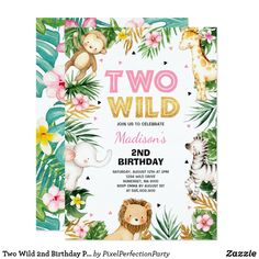 two wild birthday party with jungle animals and giraffes on the front cover