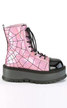 Boots perfect for your favourite venomous vixen. The SLACKER series from Demonia features an ultra-comfy platform sole and feisty rave festival flair. Vegan Pink Holo Upper Contrasting patent toe & tongue 2-inch platform Inner zip Spiderweb embroidery Lace Up Ankle length U.S womens sizing - refer to size chart for more info Spiderweb Embroidery, Hologram Shoes, Emo Boots, Pink Spider, Demonia Boots, Pink Halo, Alternative Shoes, Demonia Shoes, Web Detail