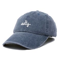 Embrace the laid-back charm of coastal living with our Salty baseball cap. Crafted from 100% cotton, our 6-panel low-crown dad cap combines comfort with effortless style. Whether you're strolling along the boardwalk, lounging on the sand, or simply running errands under the sun, our cap promises a blend of functionality and fashion that suits every beach lover's lifestyle. Measuring 11 inches in length, this unstructured cap features a fabric strap closure with a metal buckle, ensuring a secure Casual 5-panel Baseball Cap For Beach, Comfortable Adjustable Baseball Cap For Everyday, Blue Cotton Trucker Hat For The Beach, Blue Adjustable Cotton Dad Hat, Casual Dad Hat For Baseball Season With Curved Bill, Casual Cotton Baseball Cap For Beach, Casual Cotton Beach Baseball Cap, Casual Soft-washed Hat With Curved Bill, Navy Adjustable Cotton Dad Hat