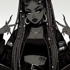 an illustration of a woman with dreadlocks and piercings on her head, holding scissors