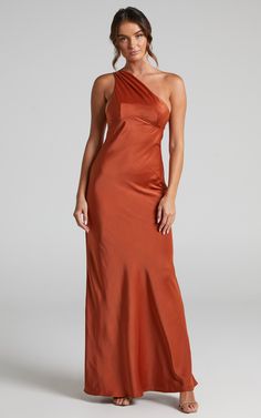 Elzales One Shoulder Beaded Strap Satin Maxi Dress in Rust | Showpo One Shoulder Bias Cut Bridesmaid Dress, One-shoulder Bridesmaid Dress With Bias Cut, One-shoulder Bias Cut Bridesmaid Dress, One Shoulder Bias Cut Dress For Prom, One-shoulder Bias Cut Dress For Prom, One Shoulder Fitted Bodice Bias Cut Dress, Prom Dress With Asymmetrical Neckline And Bias Cut, Fitted One Shoulder Bias Cut Sleeveless Dress, Fitted One Shoulder Sleeveless Dress (bias Cut)