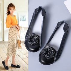 Piery Women's Casual Flat Shoes | Ultrasellershoes.com – Ultra Seller Shoes Black Slip-on Flats For Spring, Spring Black Round Toe Flats, Spring Slip-on Flats With Round Toe, Black Casual Flats For Spring, Casual Black Flats For Spring, Black Casual Spring Flats, Spring Comfortable Almond Toe Flats, Black Spring Flats With Rubber Sole, Black Flats With Rubber Sole For Spring