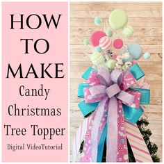 Join me in Ashley's Wreath Class and let me teach you How to Make a Christmas Tree Topper for holiday decorating! 🎄  This DIY video tutorial teaches how to create a pink Christmas tree topper with pastel colored faux candy sprays and pinks. The large handmade Christmas tree bow is the finishing touch.  ⭐️⭐️ Need all the supplies to make this Christmas Tree Topper? Check out this listing: https://3littlegreenwoods.etsy.com/listing/1767914505 ⭐️⭐️ Transform your home with beautiful, handcrafted C Christmas Tree Topper Diy, Tree Topper Diy, Fall Wreath Tutorial, Diy Tree Topper, A Pink Christmas, Candy Christmas Tree, Diy Christmas Tree Topper, Tree Topper Bow, Diy Videos Tutorials