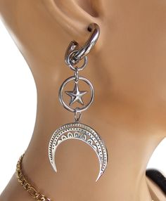 This is a PAIR of handmade gorgeous witchy pagan crescent moon and start dangle earrings on Huggie hoops. All Surgical Steel, these are completely waterproof and non tarnish. Great gift for her or gift for him, goth jewelry, punk earrings, grunge jewelry, emo jewelry, occult jewelry, pagan jewelry.  Dark fashion punk statement, goth fashion, or Shield Maiden... goes with everything! 💗NOTE ABOUT DELIVERY TIMES FOR FREE SHIPPING💗 This is shipped via tracked package. It is not the quickest way to Celestial Style Nickel-free Metal Hoop Earrings, Celestial Style Metal Hoop Earrings Nickel Free, Celestial Metal Hoop Earrings Nickel Free, Nickel Free Celestial Metal Hoop Earrings, Celestial Style Nickel Free Metal Hoop Earrings, Nickel-free Metal Jewelry For Alternative Fashion, Celestial Metal Dangle Hoop Earrings, Celestial Style Metal Dangle Hoop Earrings, Gothic Star-shaped Jewelry For Festivals