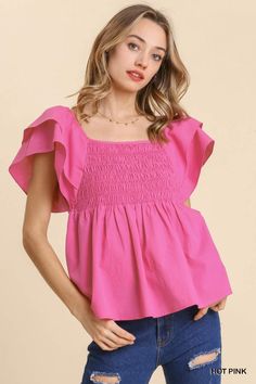 This Smocked Poplin Shirt has layered ruffle sleeve details that are too pretty to pass up! Runs true to size Pink Smocked Top With Ruffles And Stretch, Chic Pink Smocked Top With Ruffles, Cute Pink Ruffled Smocked Top, Pink Fitted Smocked Top, Pink Cotton Smocked Ruched Top, Sisterhood Round, Empire Waist Tops, Curvy Girl Dress, Umgee Tops