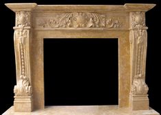 an old fireplace with carvings on the top and bottom, against a black background that appears to be made from marble