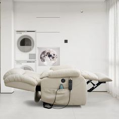 a living room with a recliner and washing machine