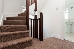 a staircase with carpeted steps leading up to a toilet