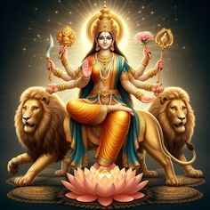 the goddess sitting on top of two lions