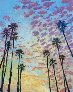 a painting of palm trees against a colorful sky