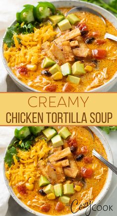 creamy chicken tortilla soup topped with cheese avocados peppers and tomatoes Chicken Tortilla Soup Crock Pot, Creamy Chicken Tortilla Soup, Chicken Tortilla Soup Recipe, Chicken Tortillas Soups Recipe, Tortilla Soup Recipe, Chicken Tortilla Soup, Chicken Tortilla