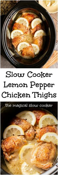 slow cooker lemon pepper chicken thighs in a crock pot with text overlay