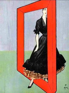 an illustration of a woman in a red frame with her reflection on the wall behind it