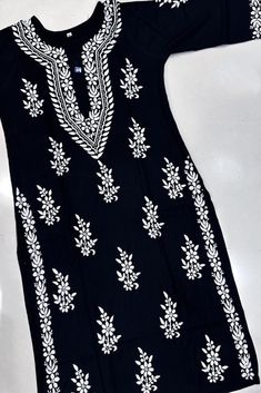 Soft black  chikankari attractive rayon kurta. Sleeves 3/4 th Length 45 inches Chicken Curry Kurta, Chicken Curry Kurti, Black Chicken, Black Chickens, Indian Party, Indian Party Wear, Chandler Az, Chicken Curry, Curry Chicken