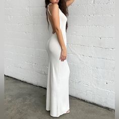 Soooo Cute For Summer Chic White Maxi Length Backless Dress, White Fitted Backless Dress For Spring, Fitted White Backless Maxi Dress, White Maxi Backless Dress For Spring, White Maxi Length Backless Dress For Spring, White Backless Maxi Dress For Spring, White Fitted Backless Dress For Brunch, Elegant White Backless Dress For Day Out, Peek A Boo Dress